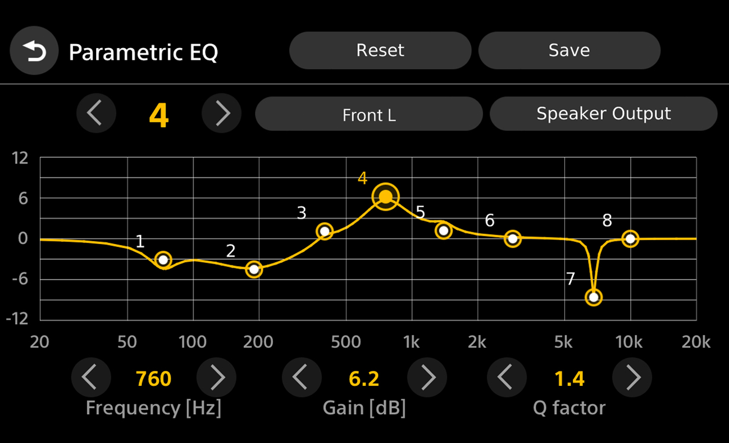 Sample user interface showing 8-band parametric EQ feature and available options
