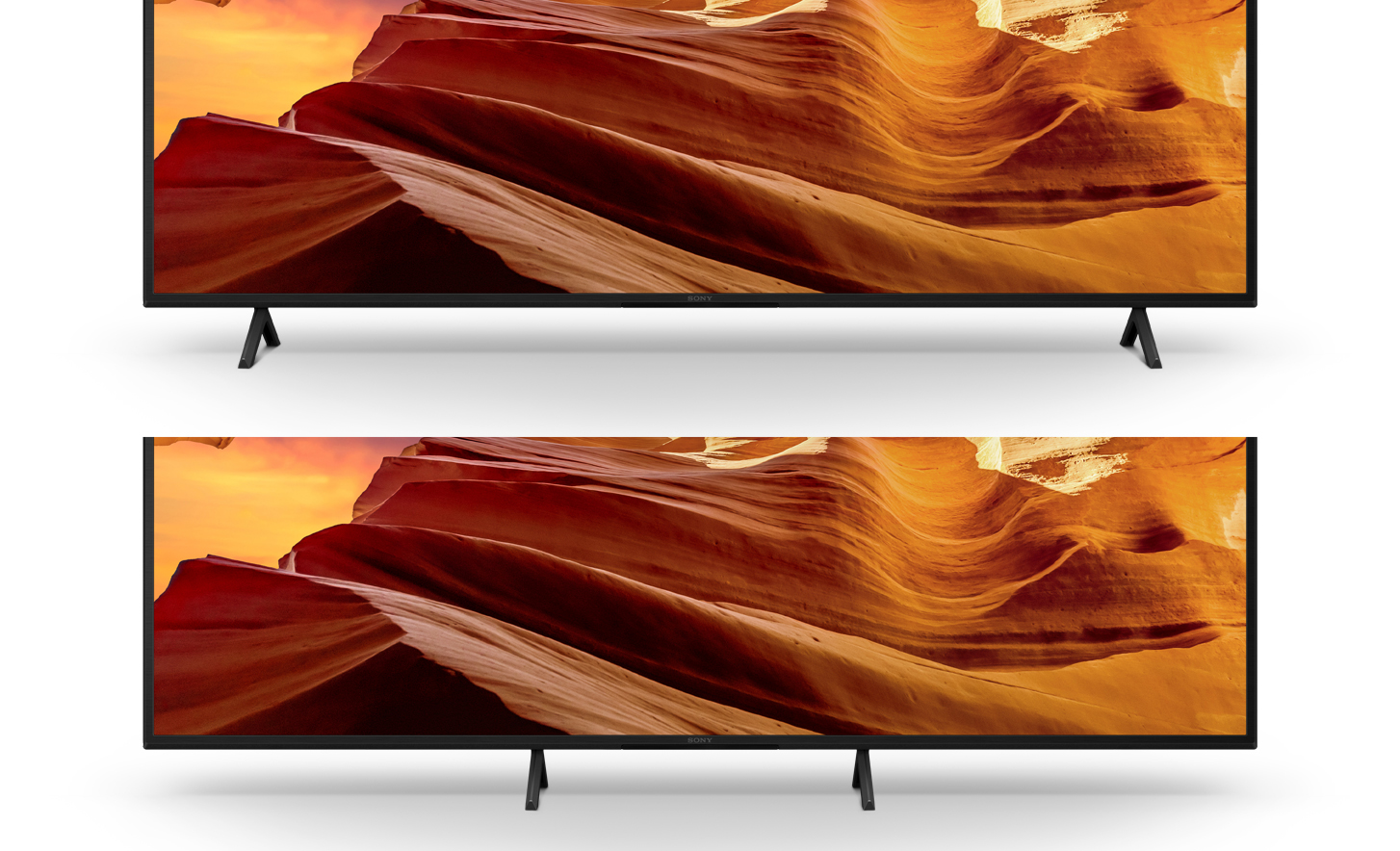 Two images of TVs with wide stand setting shown above and narrow stand setting shown below with screenshots of rocky landscape